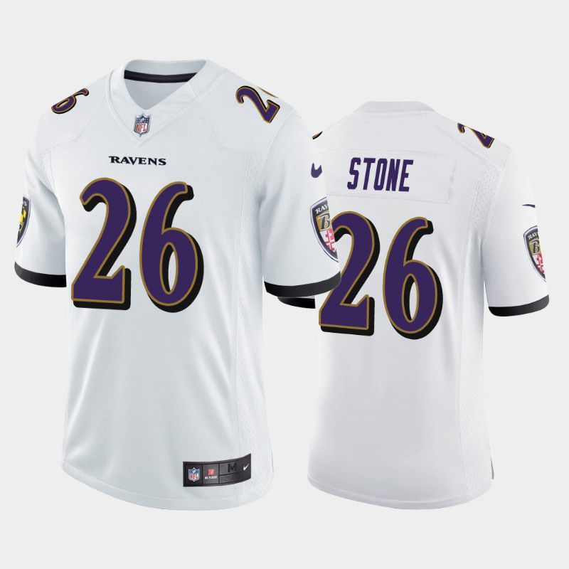 Men Baltimore Ravens #26 Geno Stone Nike White Game NFL Jersey